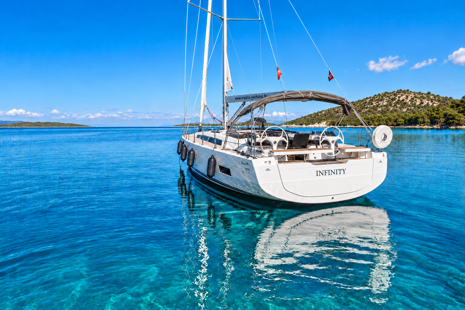 Infinity Hanse 460 in a turquoise Adriatic bay, with the complete stern and waterline visible